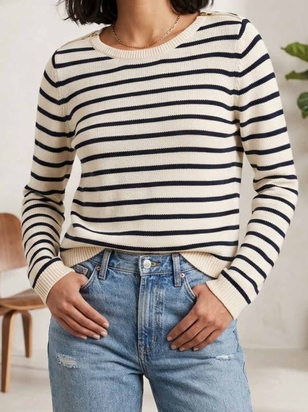 Theory Striped Crewneck Sweater with gold shoulder zippers Size M